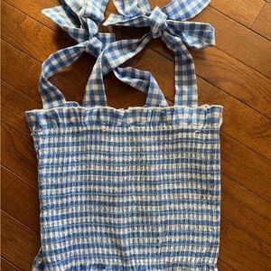 SHEIN Blue and White gingham Ruffle Top with bows
